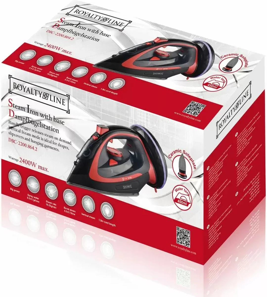 Royalty Line Draadloos Strijkijzer - Krachtig Snoerloos Strijken - Snoerloze Stoomstrijkijzer - Droogstrijkijzer - 2400W - Strijkijzer Met Stoomgenerator - 450ML Watercapaciteit - Rood - Image 8