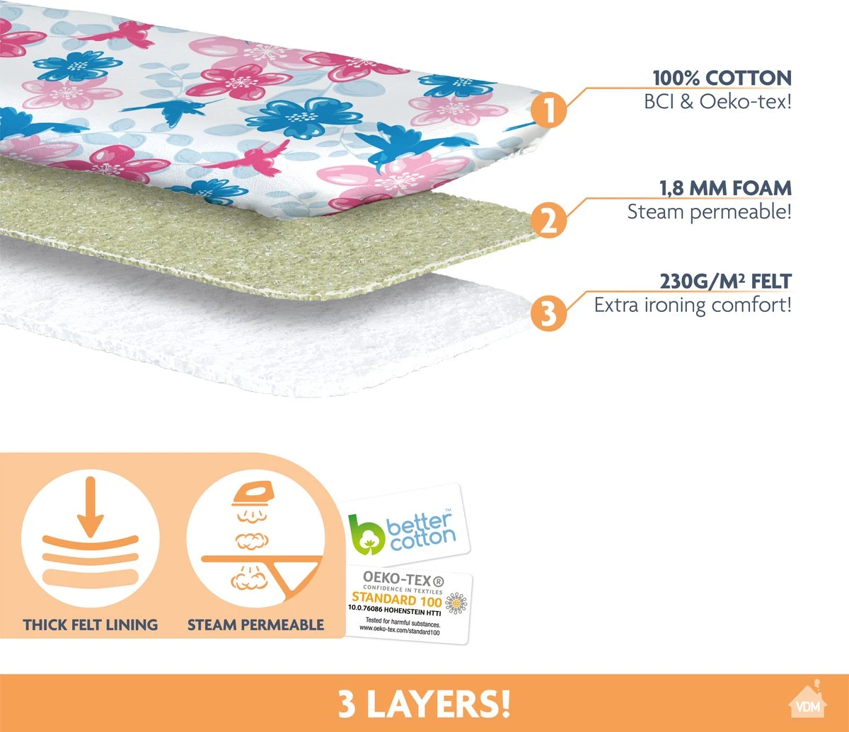 Laundryspecialist 3 Laagse COMFORT Strijkplankhoes - Optimaal Strijkcomfort En Stoomdoorlatend - Maat S/M Voor Een Breedte Van 30 Tot 43 Cm En Een Lengte Van 100 Tot 126 Cm - Image 4